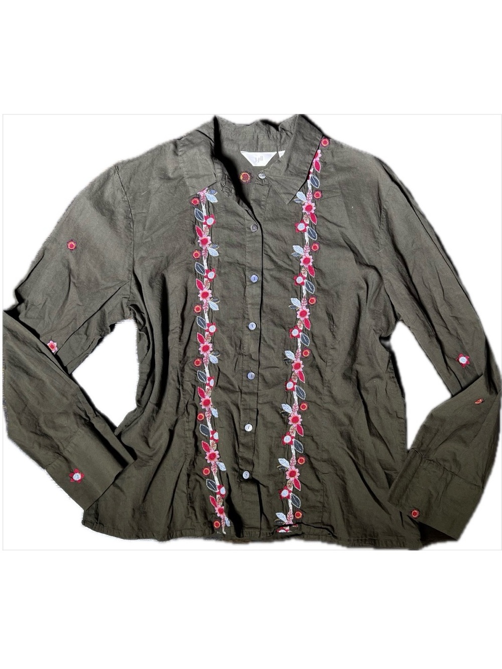 J. Jill Floral Embroidered Button-Down Shirt Military Green 100% Cotton Large